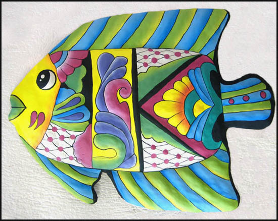Hand painted tropical fish wall hanging - Tropical metal garden art - Handcrafted in Haiti from recycled steel drums